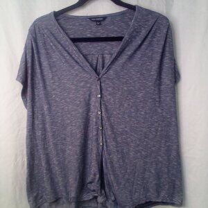 Max Edition Blouse L Short Sleeve Button Front Tie Hem V-Neck Blue